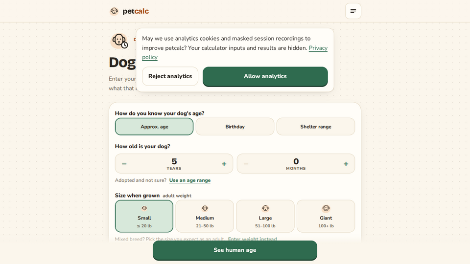 Screenshot of petcalc