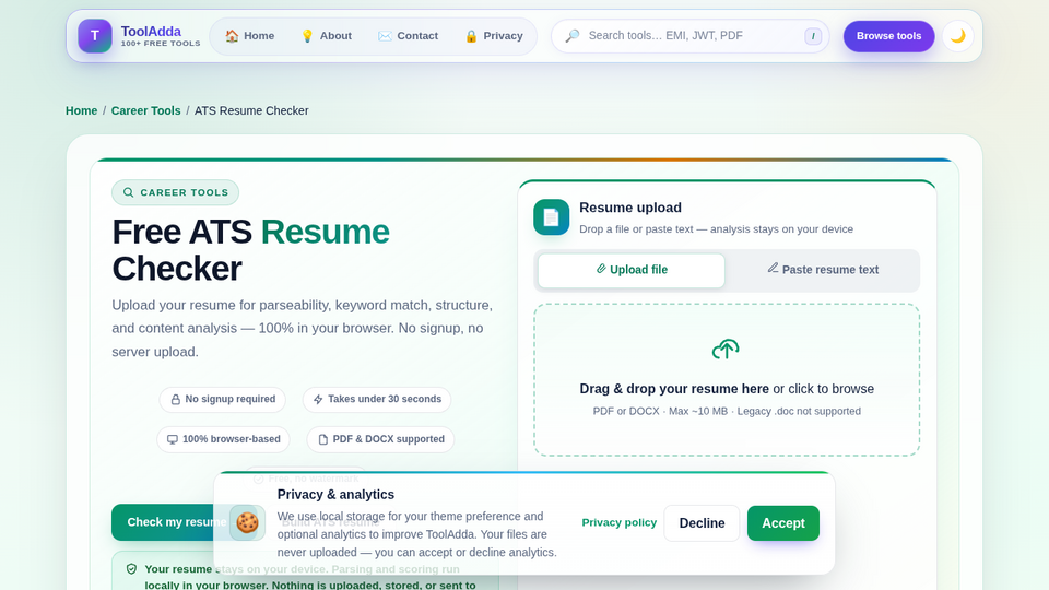 Screenshot of ToolAdda ATS Resume Chec