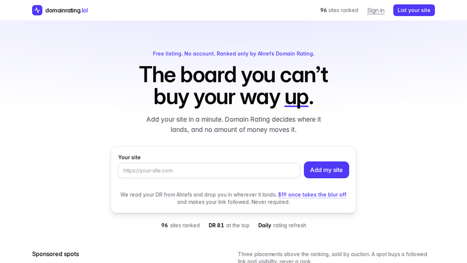 Screenshot of Domain Rating Board