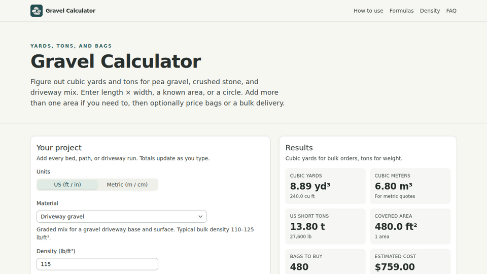 Screenshot of Gravel Calculator