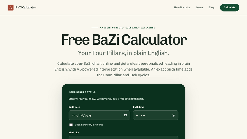 Screenshot of BaZi Calculator