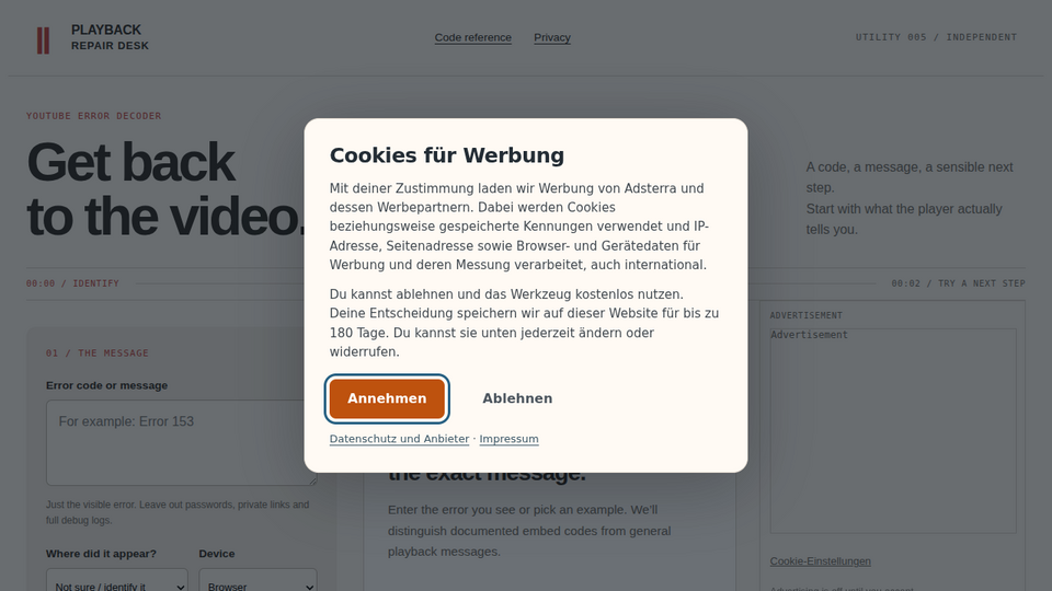 Screenshot of YouTube Error Decoder