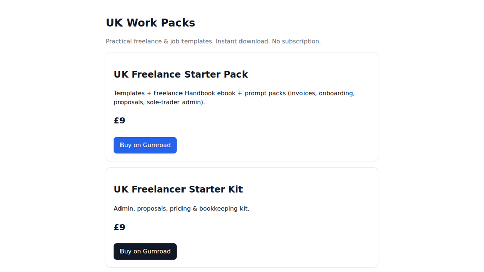 Screenshot of UK Work Packs