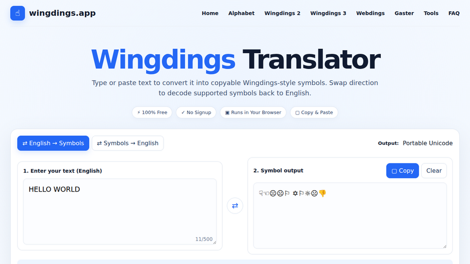 Screenshot of Wingdings Translator