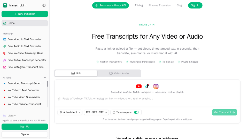 Screenshot of transcript.im