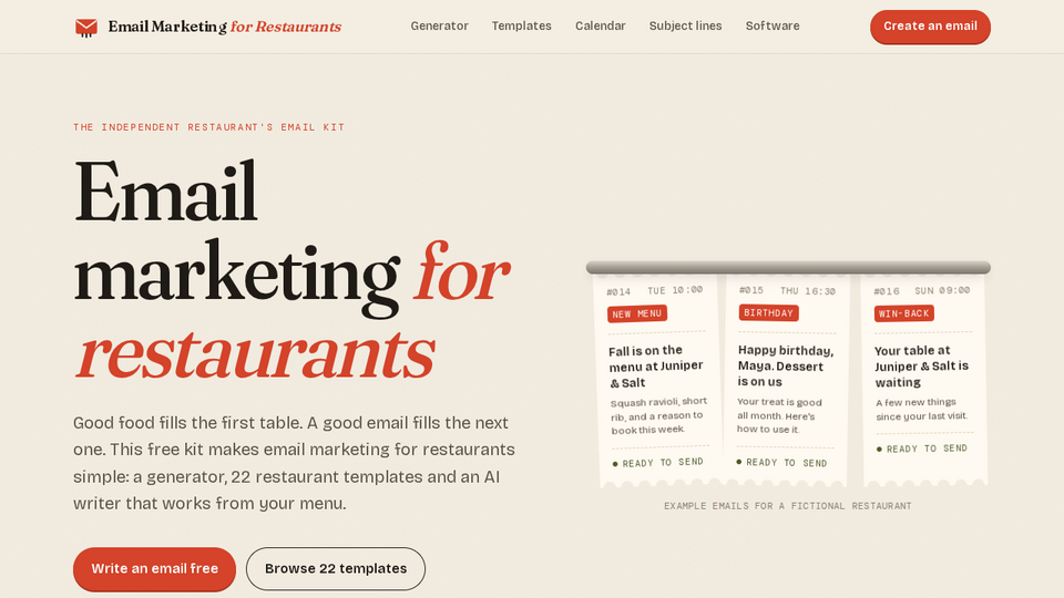 Screenshot of Restaurant Email Kit