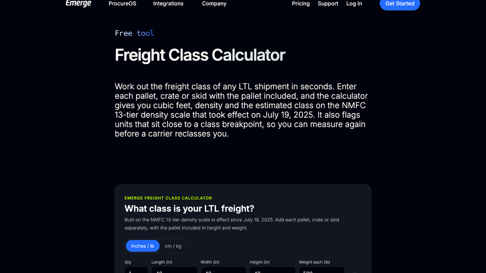 Screenshot of Freight Class Calculator