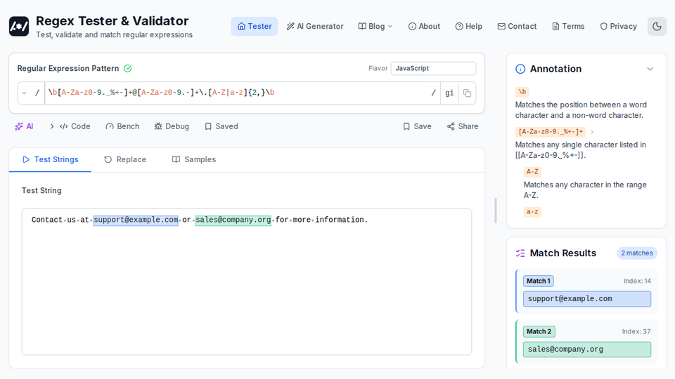 Screenshot of RegexTester.dev