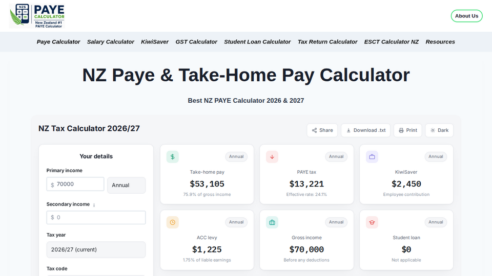 Screenshot of NZ PAYE Calculator