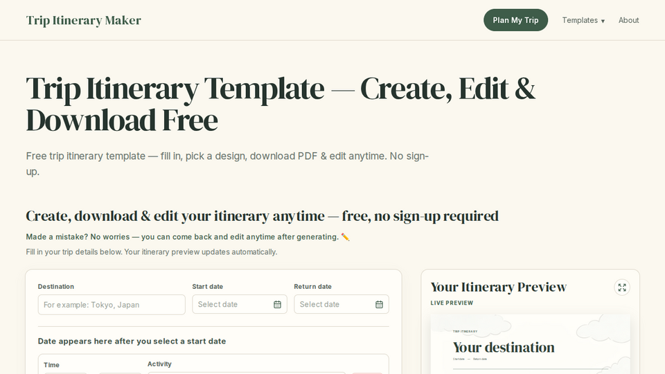 Screenshot of Trip Itinerary Maker