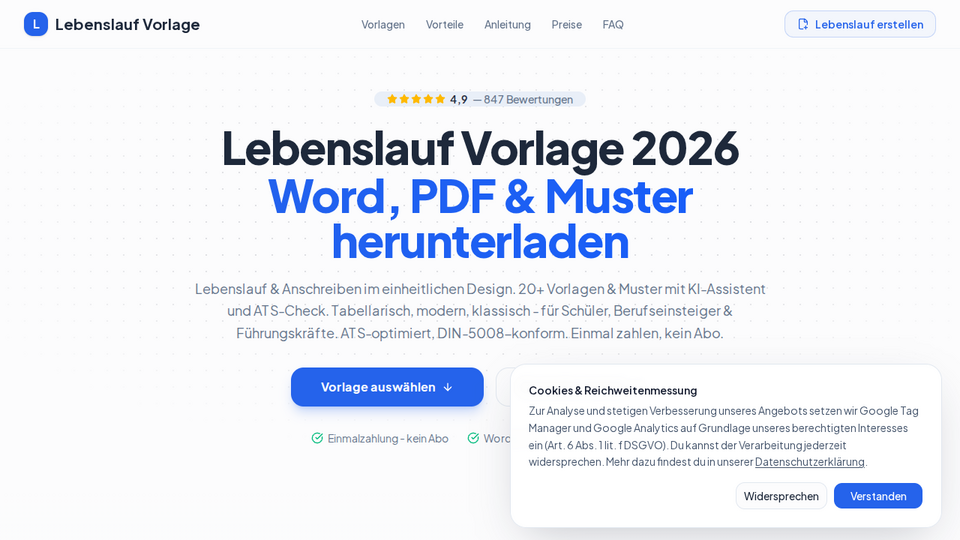 Screenshot of Lebenslauf Vorlage