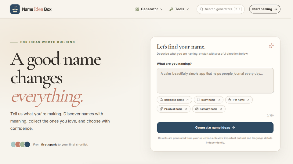 Screenshot of Name Idea Box