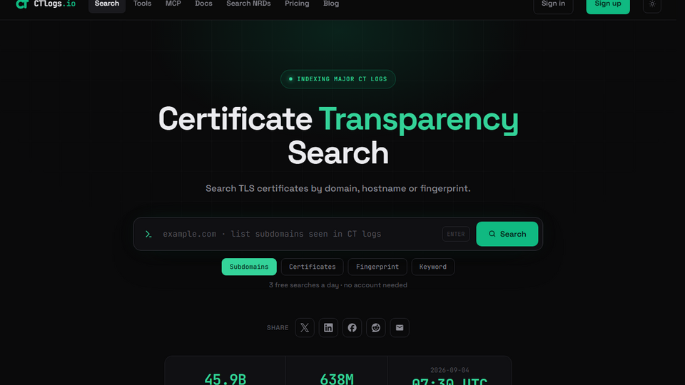 Screenshot of CTlogs.io