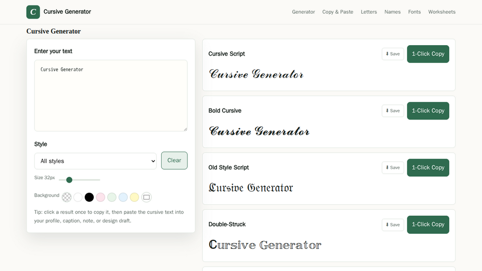 Screenshot of Cursive Generator