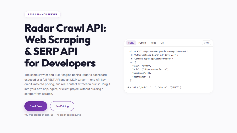 Screenshot of Yaeris Radar Crawl API