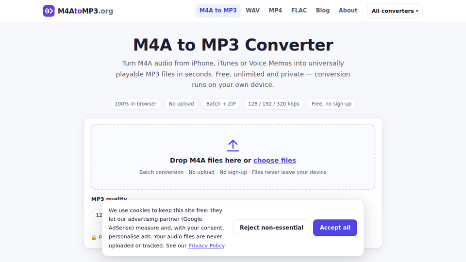 Screenshot of M4AtoMP3.org