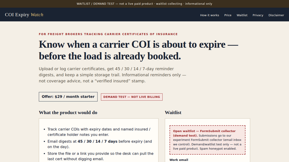Screenshot of COI Expiry Watch