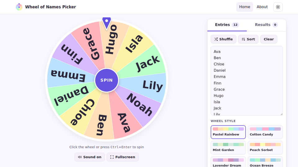 Screenshot of Wheel of Names Picker