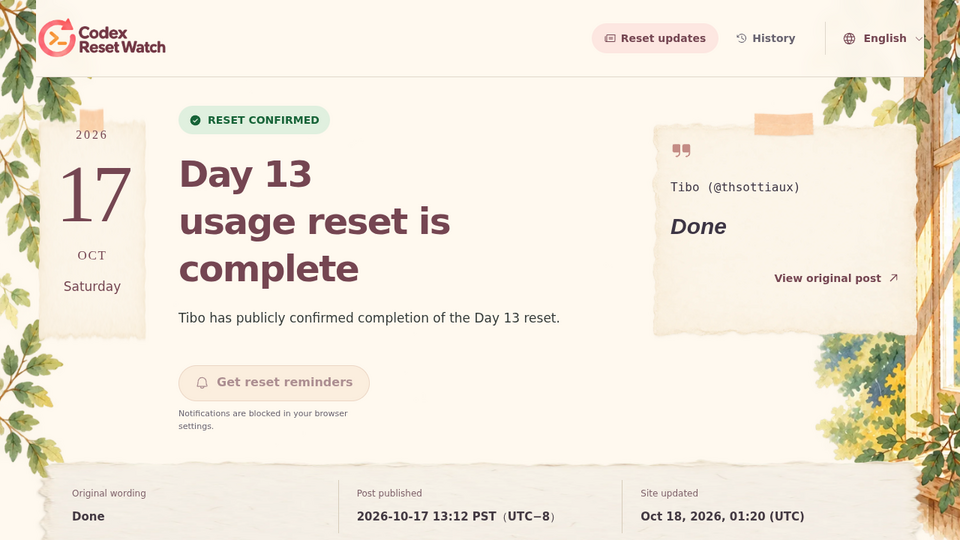 Screenshot of Codex Reset Watch