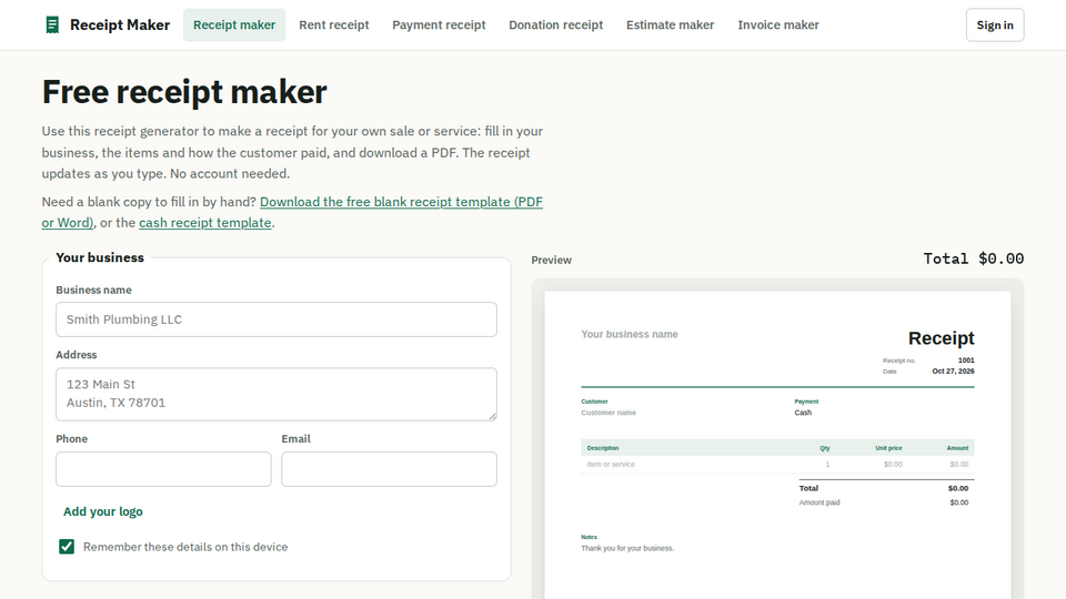 Screenshot of Receipt Maker