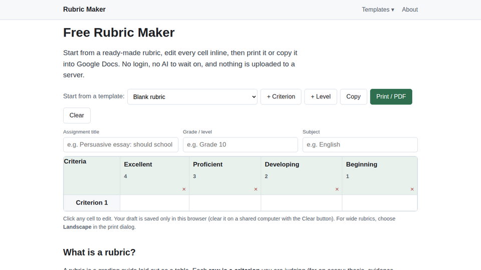 Screenshot of Rubric Maker