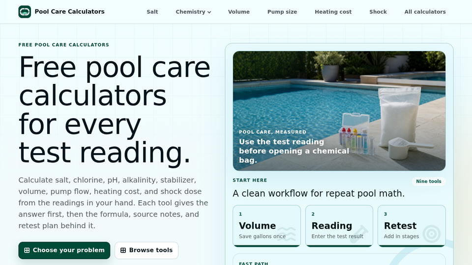 Screenshot of Pool Care Calculators