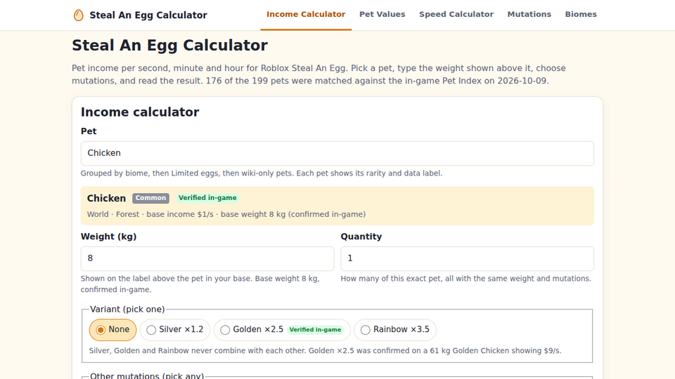 Screenshot of Steal An Egg Calculator