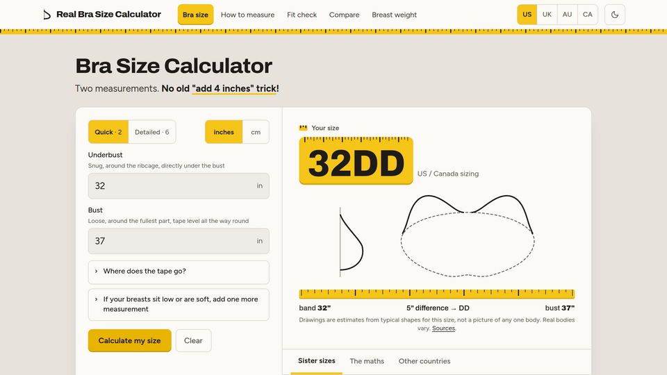 Screenshot of Real Bra Size Calculator