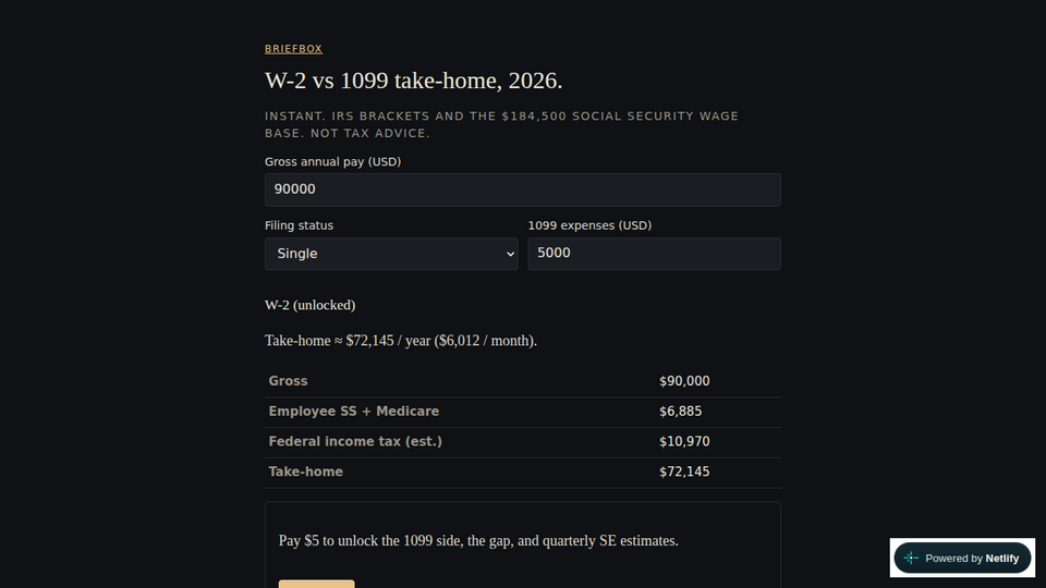 Screenshot of Briefbox W-2 vs 1099