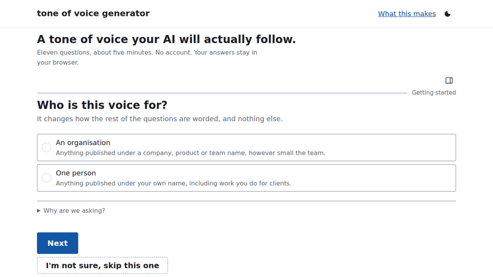 Screenshot of Tone of Voice Generator