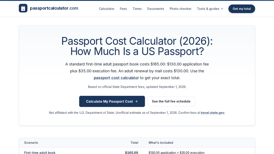 Screenshot of Passport Cost Calculator