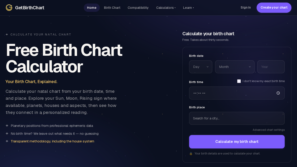 Screenshot of GetBirthChart