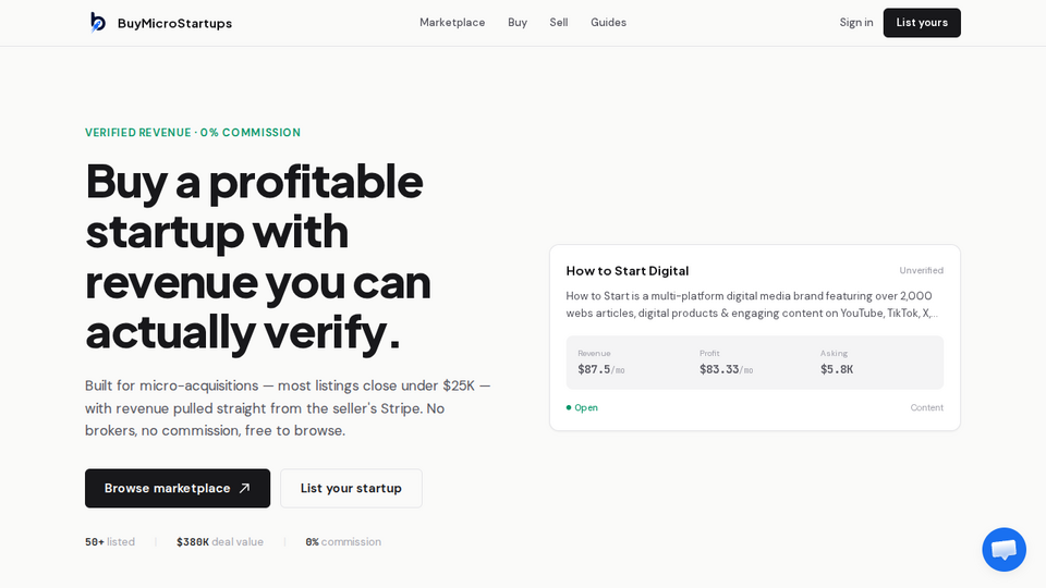 Screenshot of BuyMicroStartups