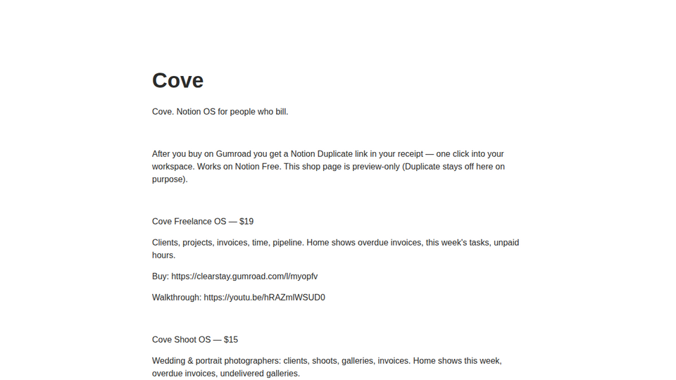 Screenshot of Cove Freelance OS